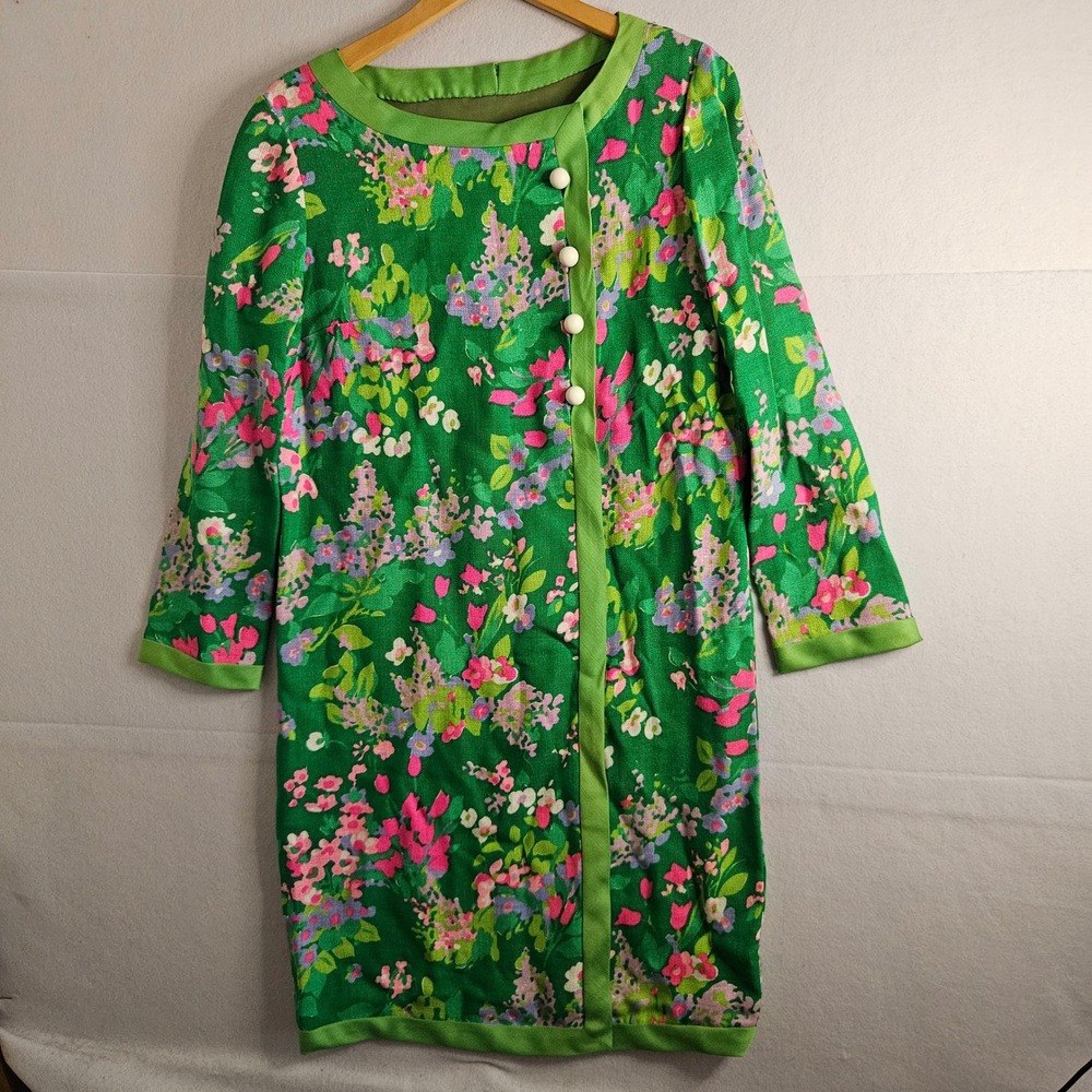 Vintage 60s Floral Shift Dress Green Pink Barkcloth Mod Mini Dress Handmade